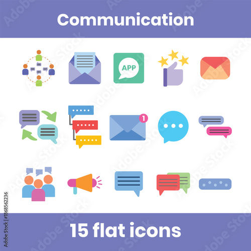 Communication flat icon set featuring chat, chat bubble, message, text message, conversation, comment, reply, feedback, discussion, announcement, group conversation, messaging app, typing indicator