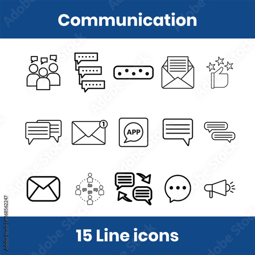 Communication line icon set featuring chat, chat bubble, message, text message, conversation, comment, reply, feedback, discussion, announcement, group conversation, messaging app, typing indicator, r
