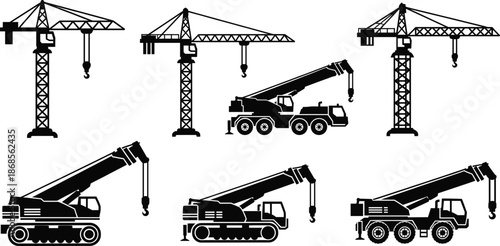 Construction crane silhouette vector set, black heavy machinery illustrations, tower and mobile crane icons, lifting equipment graphics, isolated