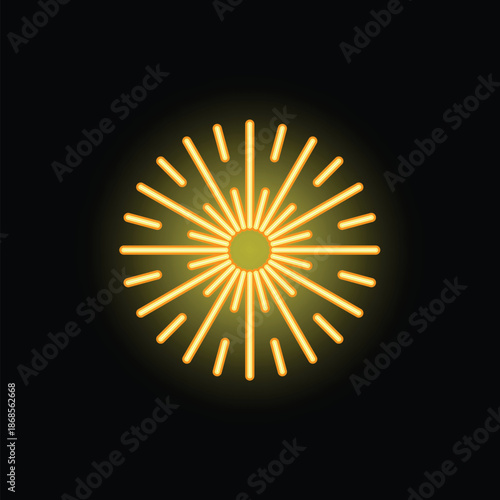 Neon light forming a sparkling sun with a bright center and rays coming out of it on a black background