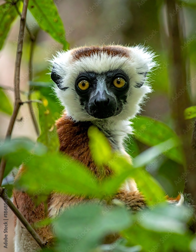 Obraz premium A curious lemur peers through leafy foliage, showcasing striking yellow eyes and unique patterned fur. The close-up shot gives a detailed view