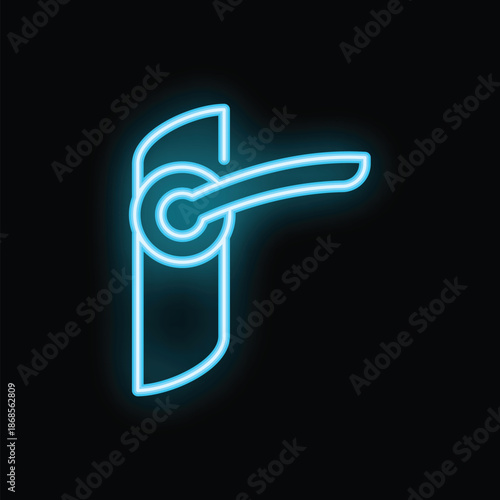 Blue neon sign of a simple door handle glowing on a black wall