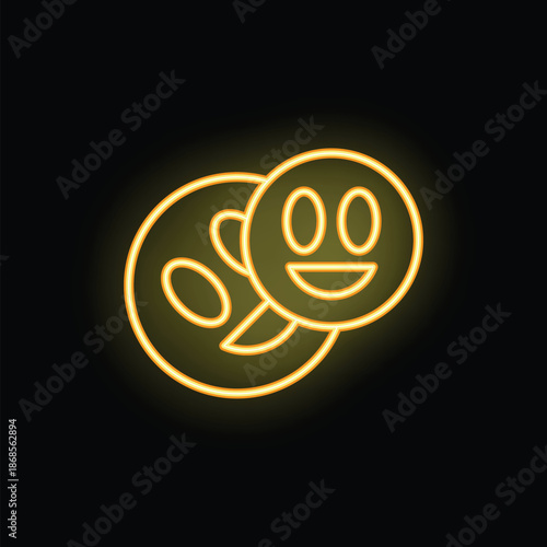 Neon sign is glowing yellow in the dark, showing one happy emoji and one sad emoji representing mental health issues