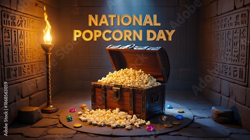National popcorn day celebration with fresh popcorn in cinematic fantasy scene
