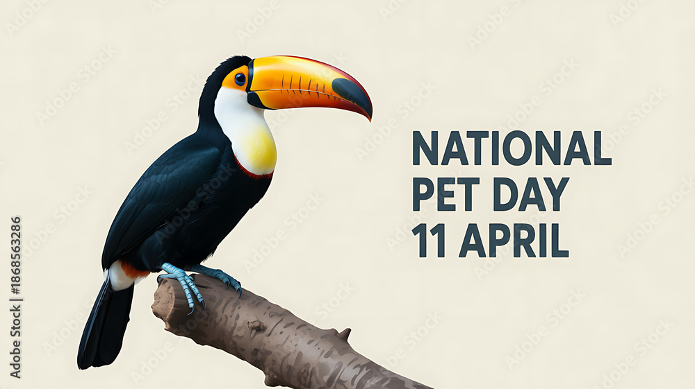Fototapeta premium A stunning toucan with a large colorful bill rests on a tree branch for National Pet Day celebration