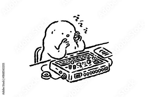 Cute cartoon octopus interacting with a vintage vending machine