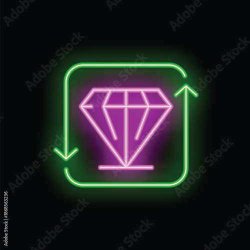 Neon icon of a diamond with up and down arrows surrounding it, representing the fluctuating price of diamonds