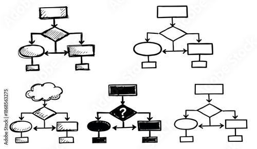 Hand drawn flowchart set featuring various business process diagrams for problem solving and planning