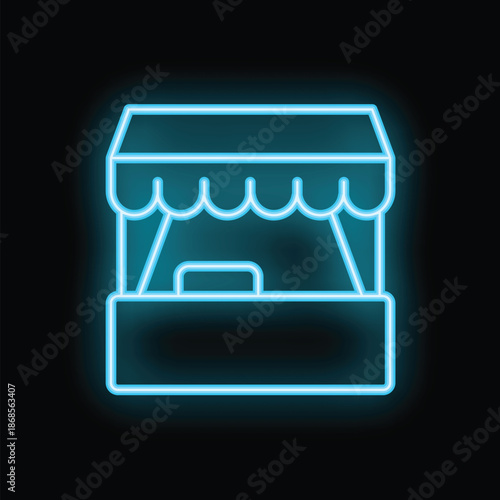Vibrant neon blue icon depicting a food stall, symbolizing street food, markets, and the fast food industry