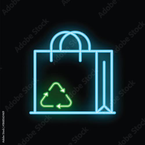 Bright neon shopping bag with recycling symbol glowing on black background