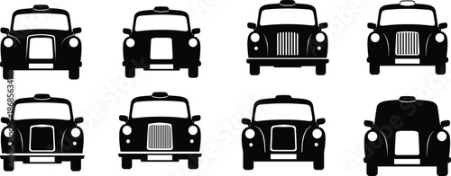 Front-view car silhouette vector set, black illustrations, grille and headlight variations, vehicle comparison icons, automotive design graphics