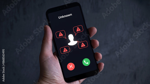 Wallpaper Mural Smartphone shows unknown incoming call with warning signs, representing scam, fraud, spam, and cybersecurity risk. Torontodigital.ca