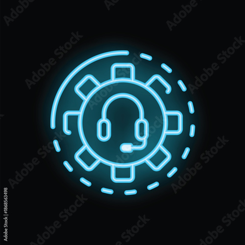 Neon blue headset icon glowing inside gear shape surrounded by dotted circle, representing customer support