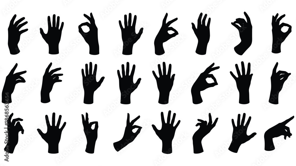 Fototapeta premium Various hand gestures in black silhouette on white background