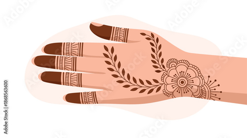 A hand with intricate henna designs on the palm and fingers in a minimalist vector illustration