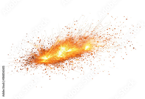 Bright orange sparks exploding outwards with glowing embers and light trails isolated on a transparent background