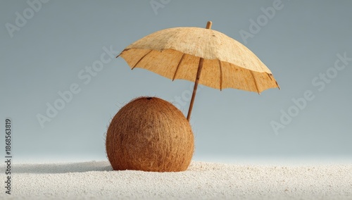 A coconut sits on sand beneath a small beach umbrella against a soft blue background