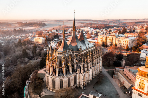 Aerial Sunrise over St. Barbara's Church in Kutna Hora, Czech Republic
