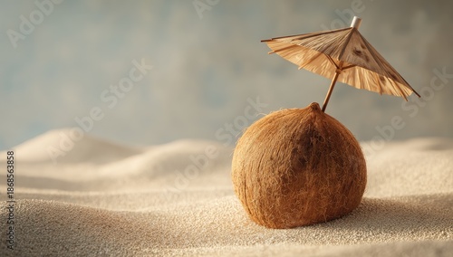 A coconut with a small parasol sits in a sandy beach environment