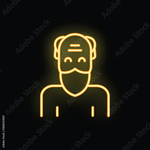 Bright yellow neon sign of a guru with a beard and closed eyes, glowing on a black background