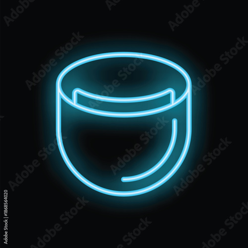 Bright blue neon sign of an empty glass tumbler glowing on black background