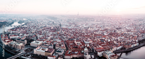 Canvas Print Prague Old Town, Charles Bridge, and Red Rooftops at Golden Hour Sunrise – Aeria