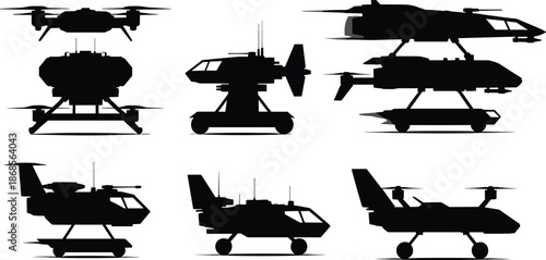 Futuristic aircraft and drone silhouette vector set, black aerial vehicle illustrations, conceptual flying machines, sci-fi aviation icons, isolated