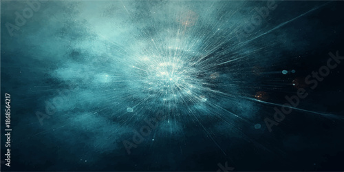 An abstract blue space background features a dark sky texture with stars, clouds of smoke, and a galaxy explosion of light and motion for a cosmic design backdrop