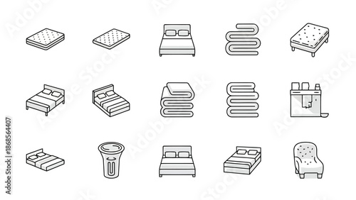 Minimalist line drawings of various beds and bedding