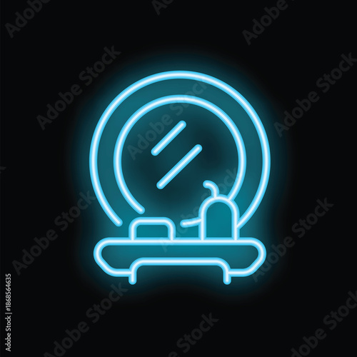 Glowing blue neon sign of dressing table with mirror on black brick wall