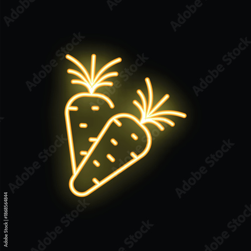 Two carrots glowing with neon orange light on black background