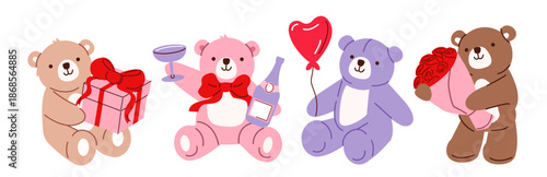 Valentines of Mother day stickers set. Whimsical teddy bears showing their love and holding romantic present box, flowers bouquet, heart balloon. Romance vector illustration.

