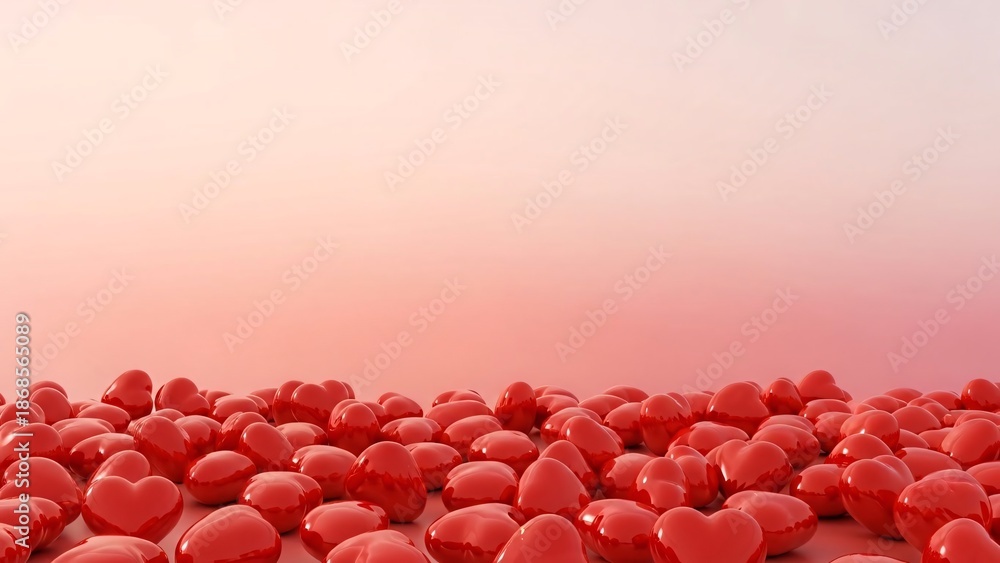 Fototapeta premium many red heart shapes, shiny and glossy, scattered on light pink background with copy space