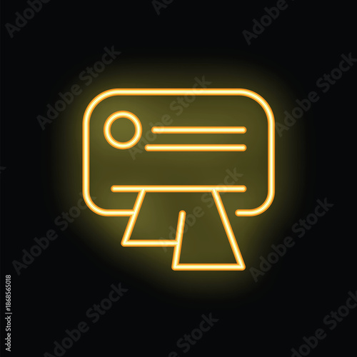 Bright yellow neon icon of an atm dispensing cash on a black background