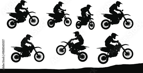 Motocross jump silhouette vector set, dirt bike rider motion sequence, black ramp illustration, extreme sport graphics, isolated icons