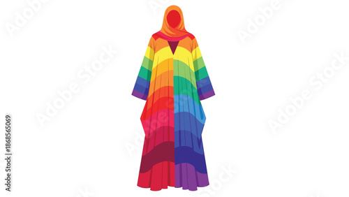 A vibrant rainbow-colored abaya with a hood, depicted in a flat, minimalist vector illustration style.