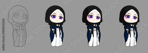 Cute Chibi Muslimah Hijab Character Set With Elegant Anime Vector Style