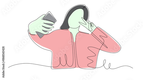 Continuous line art of a beautiful young woman posing and taking a selfie to upload on social media. Vector illustration with beautiful colors.