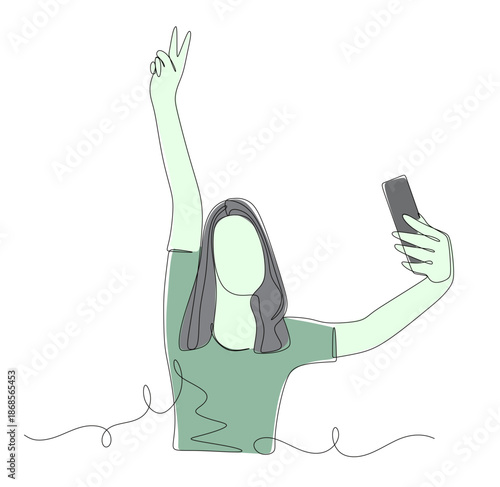 Continuous line art of a beautiful young woman posing and taking a selfie to upload on social media. Vector illustration with beautiful colors.
