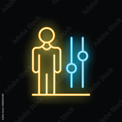 Neon sign of a person standing next to a vertical sliders control panel on a black background
