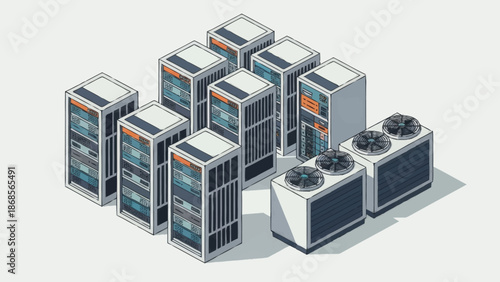 Isometric illustration of server racks and data center equipment.