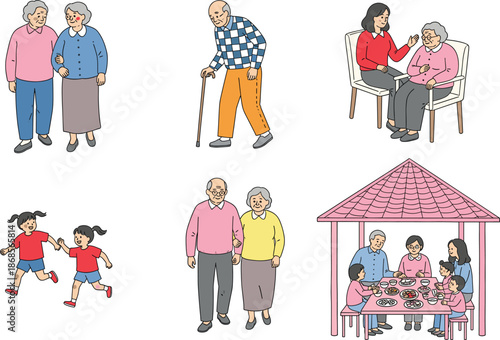 Family generations lifestyle illustration set showing seniors care children play and multigenerational togetherness
