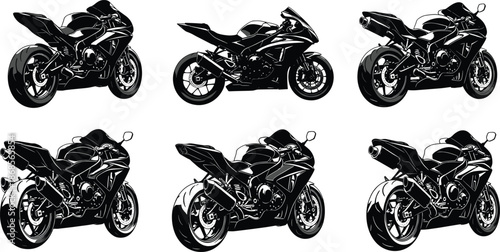 Sport motorcycle silhouette vector set, multi-angle black illustrations, aerodynamic fairings, rear and side views, modern bike icons
