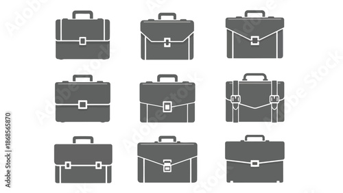 Set of nine briefcase icons in gray on white background