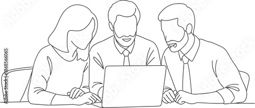 Three professionals collaborating on laptop project in office setting