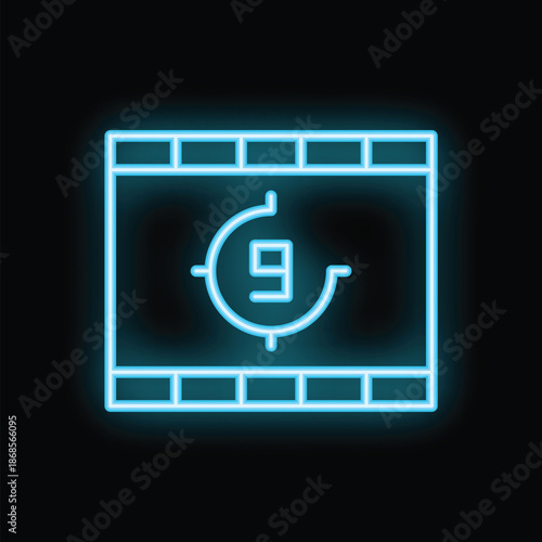 Bright glowing neon blue film countdown showing number nine inside frame on black background