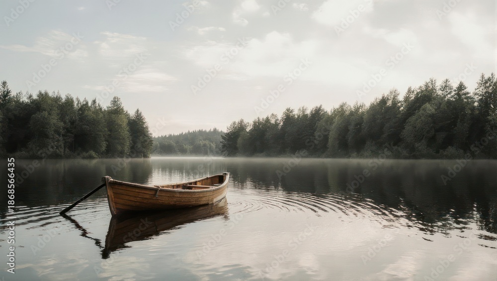 Obraz premium Empty wooden rowboat floating peacefully on a calm lake surrounded by a dense forest under a cloudy sky.