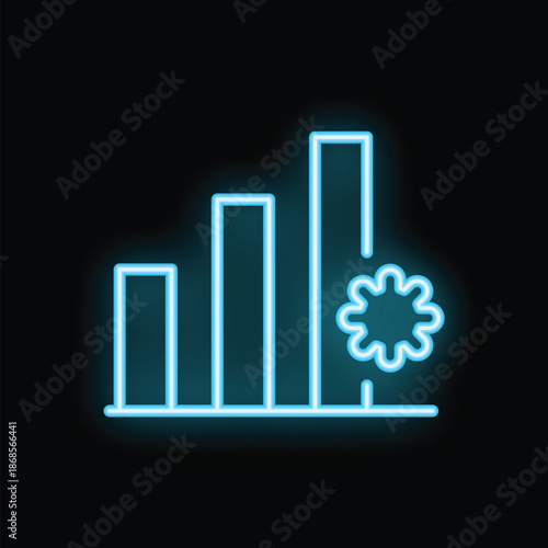 Bright blue neon icon of a virus contamination is shown at the top of an increasing bar graph