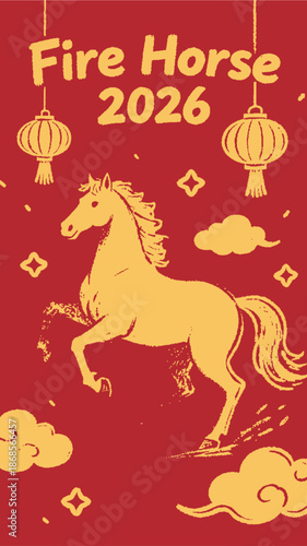 Rearing Fire Horse Doodle Illustration for Chinese New Year 2026, Red and Gold Background with Hanging Lanterns