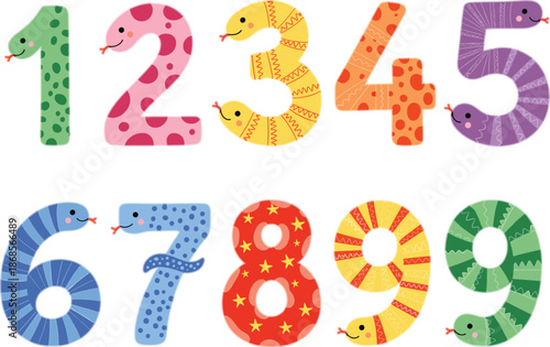 Cute colorful snake numbers vector set from one to nine, playful cartoon style perfect for kids education, counting games, worksheets, and learning materials